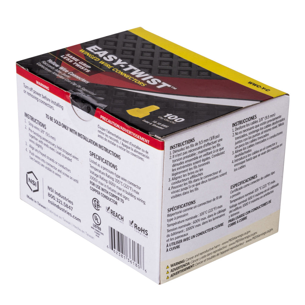 NSI Yellow Winged Easy-Twist Wire Connectors with Quick-Grip Spring, 100-Pack