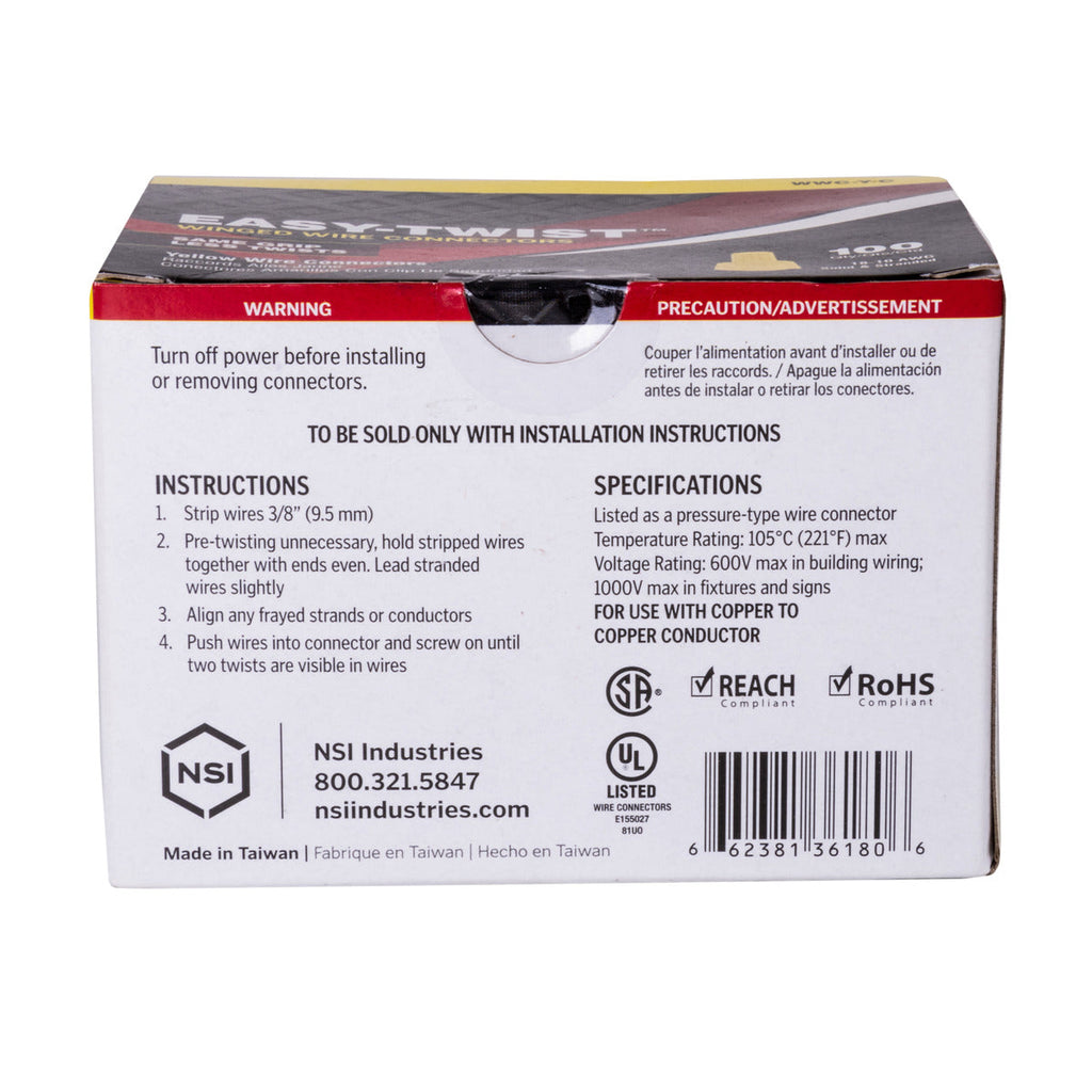 NSI Yellow Winged Easy-Twist Wire Connectors with Quick-Grip Spring, 100-Pack